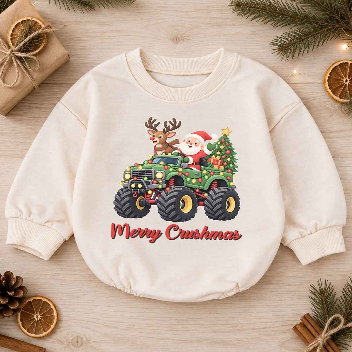 Monster Truck Christmas Baby Outfit, Santa Holiday Truck Romper, Toddler Boy Xmas Outfit, Baby Christmas Romper, Holiday Gift — product view 1