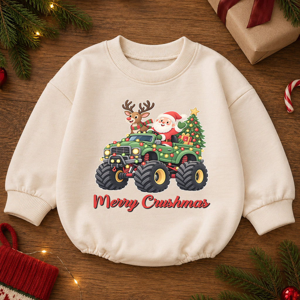 Monster Truck Christmas Baby Outfit, Santa Holiday Truck Romper, Toddler Boy Xmas Outfit, Baby Christmas Romper, Holiday Gift — product view 2