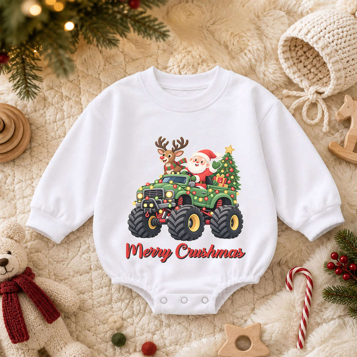 Monster Truck Christmas Baby Outfit, Santa Holiday Truck Romper, Toddler Boy Xmas Outfit, Baby Christmas Romper, Holiday Gift — product view 3