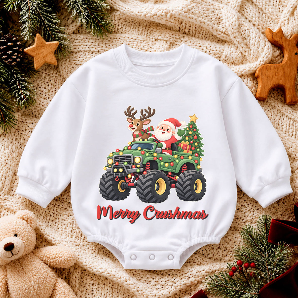Monster Truck Christmas Baby Outfit, Santa Holiday Truck Romper, Toddler Boy Xmas Outfit, Baby Christmas Romper, Holiday Gift — product view 4