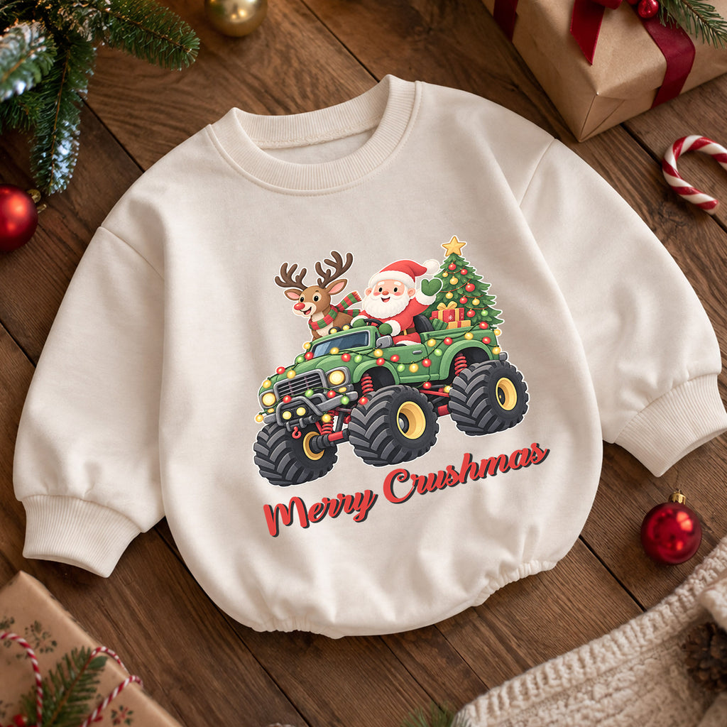 Monster Truck Christmas Baby Outfit, Santa Holiday Truck Romper, Toddler Boy Xmas Outfit, Baby Christmas Romper, Holiday Gift — product view 5