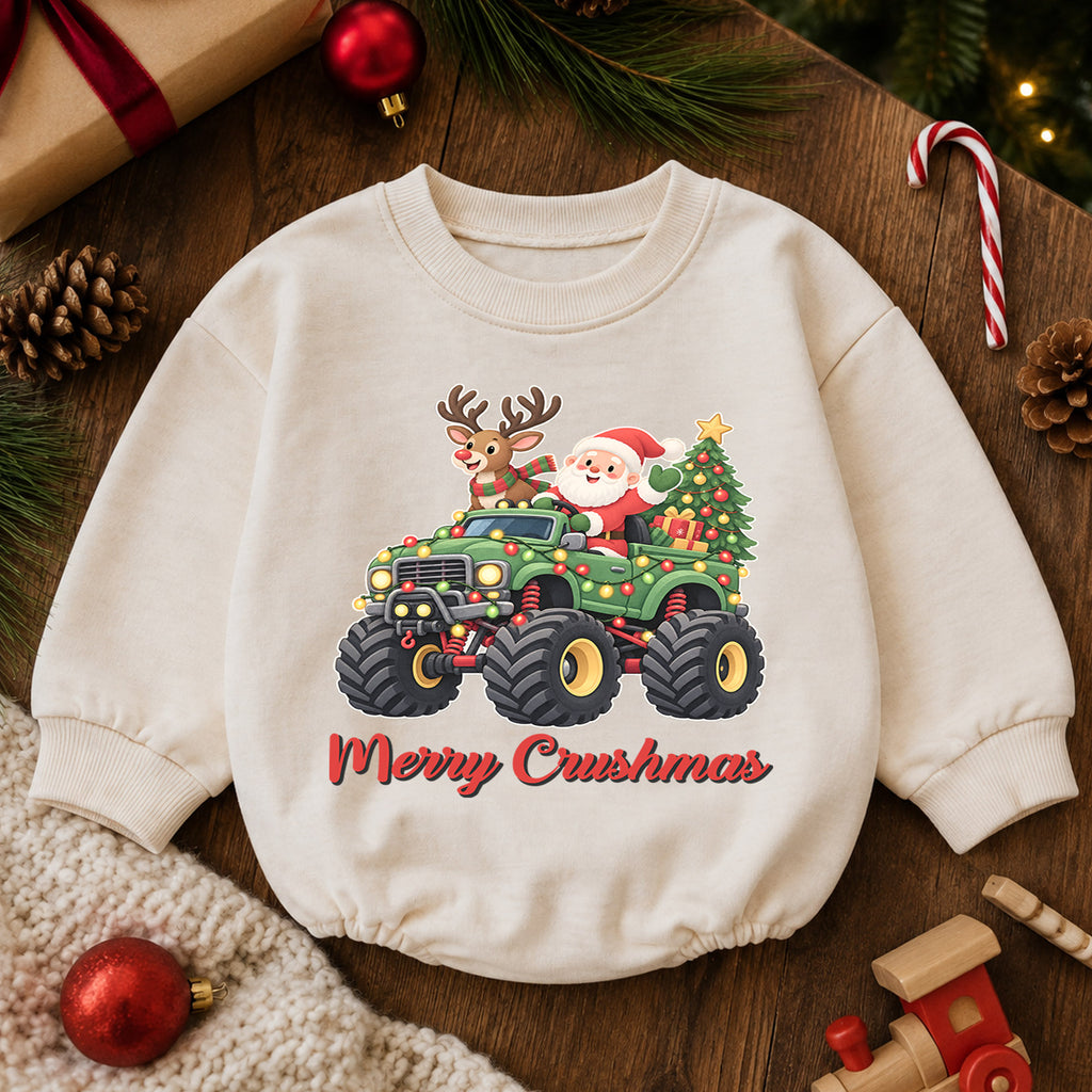 Monster Truck Christmas Baby Outfit, Santa Holiday Truck Romper, Toddler Boy Xmas Outfit, Baby Christmas Romper, Holiday Gift — product view 6
