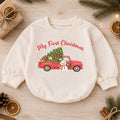 My First Christmas Truck Baby Romper, Red Pickup Christmas Tree Romper, Baby First Xmas Outfit, Holiday Keepsake Gift — product view 1