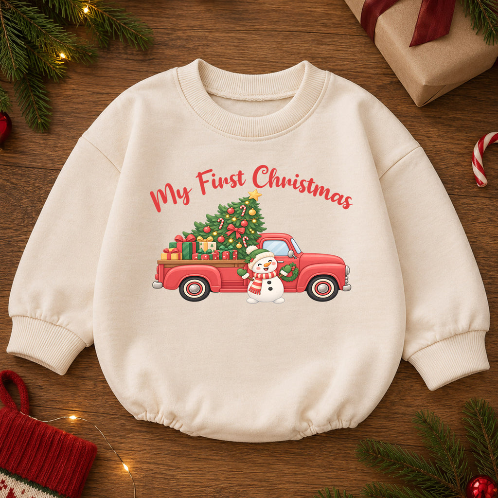 My First Christmas Truck Baby Romper, Red Pickup Christmas Tree Romper, Baby First Xmas Outfit, Holiday Keepsake Gift — product view 2