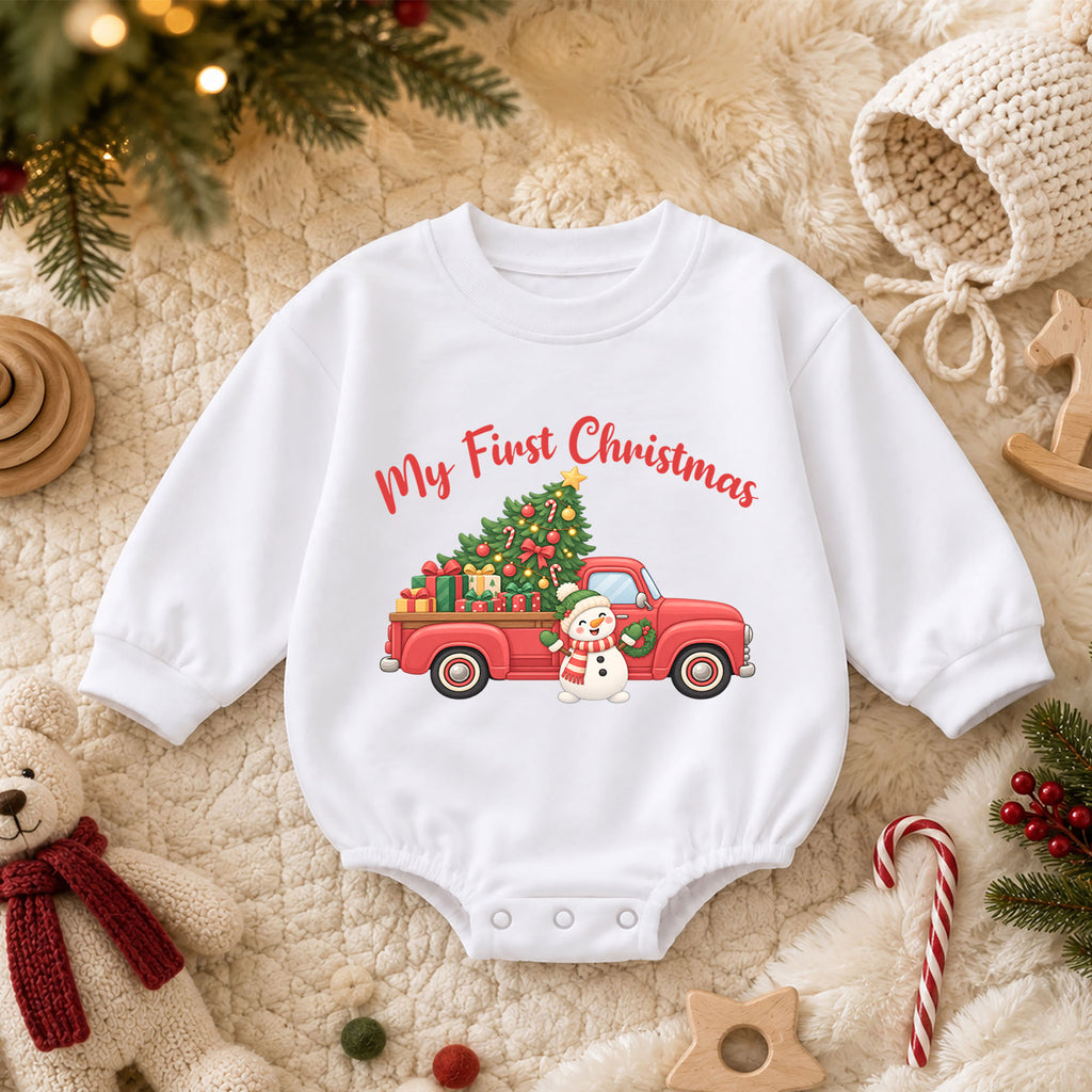 My First Christmas Truck Baby Romper, Red Pickup Christmas Tree Romper, Baby First Xmas Outfit, Holiday Keepsake Gift — product view 3