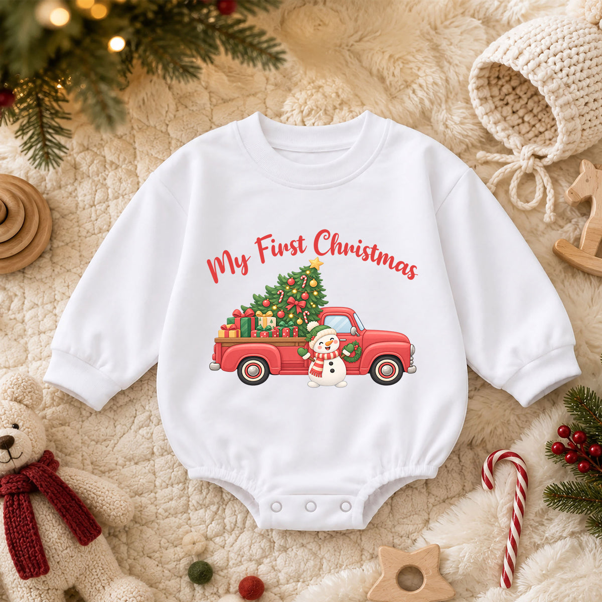 My First Christmas Truck Baby Romper, Red Pickup Christmas Tree Romper, Baby First Xmas Outfit, Holiday Keepsake Gift — product view 3