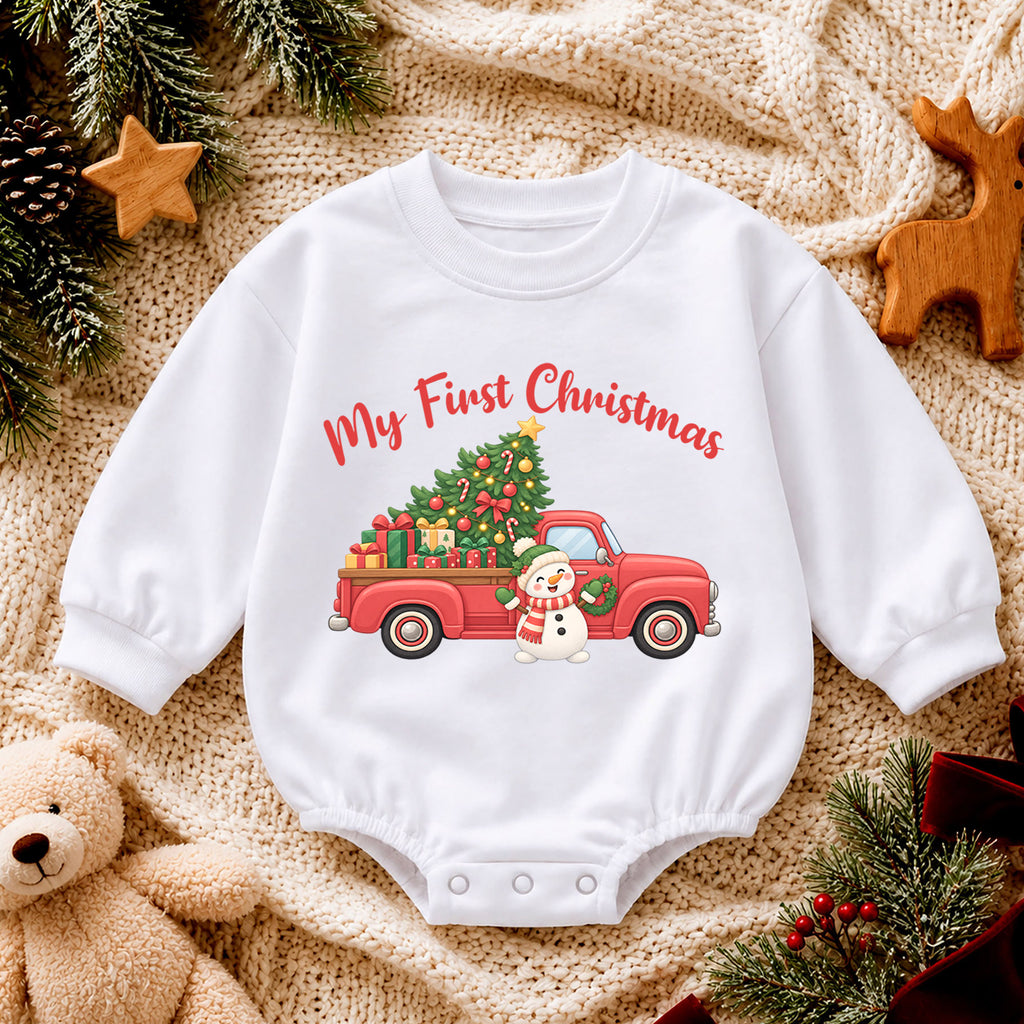 My First Christmas Truck Baby Romper, Red Pickup Christmas Tree Romper, Baby First Xmas Outfit, Holiday Keepsake Gift — product view 4