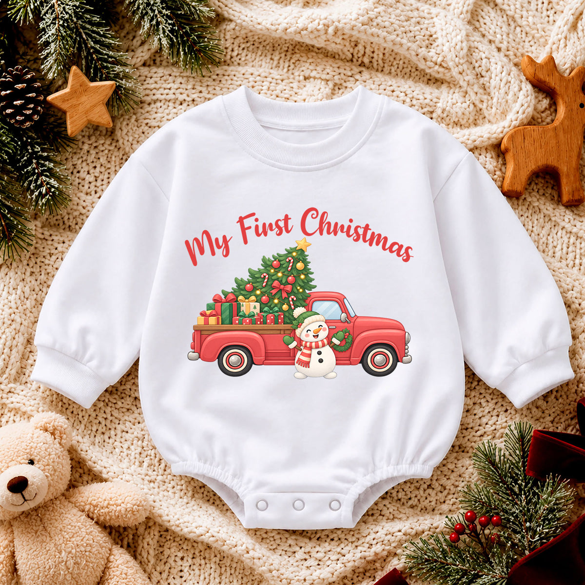 My First Christmas Truck Baby Romper, Red Pickup Christmas Tree Romper, Baby First Xmas Outfit, Holiday Keepsake Gift — product view 4