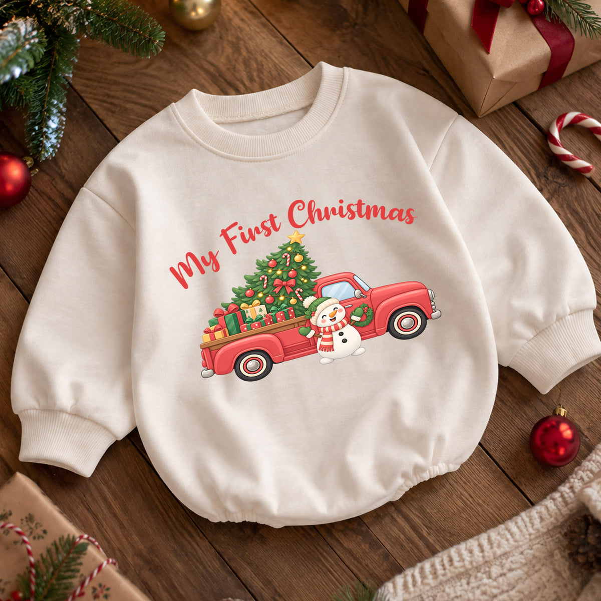 My First Christmas Truck Baby Romper, Red Pickup Christmas Tree Romper, Baby First Xmas Outfit, Holiday Keepsake Gift — product view 5