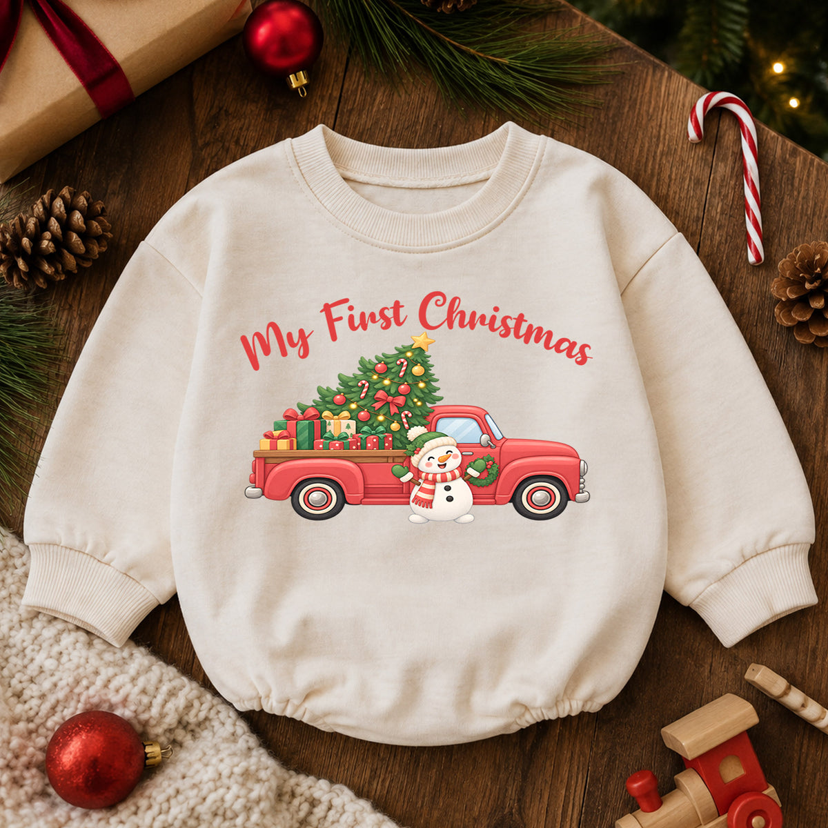 My First Christmas Truck Baby Romper, Red Pickup Christmas Tree Romper, Baby First Xmas Outfit, Holiday Keepsake Gift — product view 6