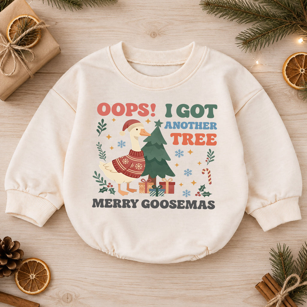 Oops I Got Another Tree Baby Romper, Merry Goosemas Christmas Goose Outfit, Funny Toddler Holiday Romper, 1st Christmas Gift — product view 1