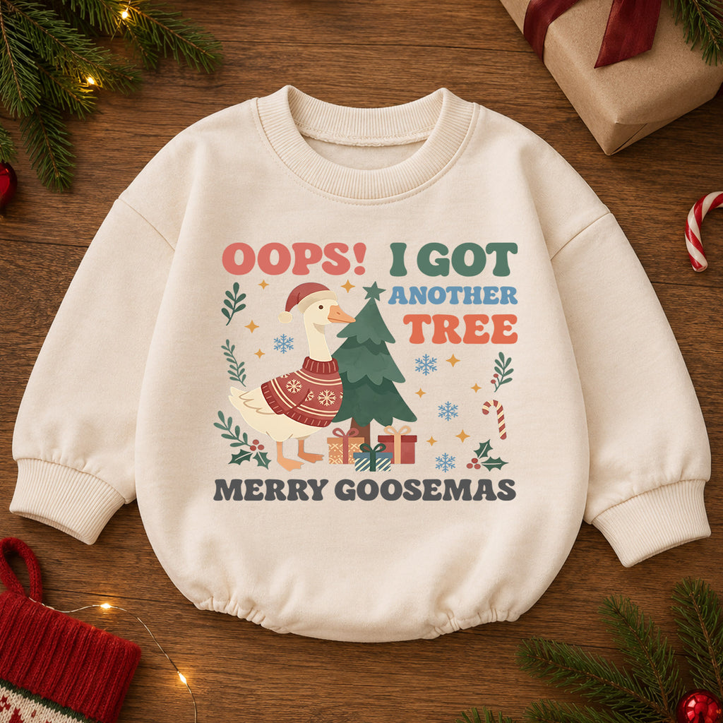 Oops I Got Another Tree Baby Romper, Merry Goosemas Christmas Goose Outfit, Funny Toddler Holiday Romper, 1st Christmas Gift — product view 2