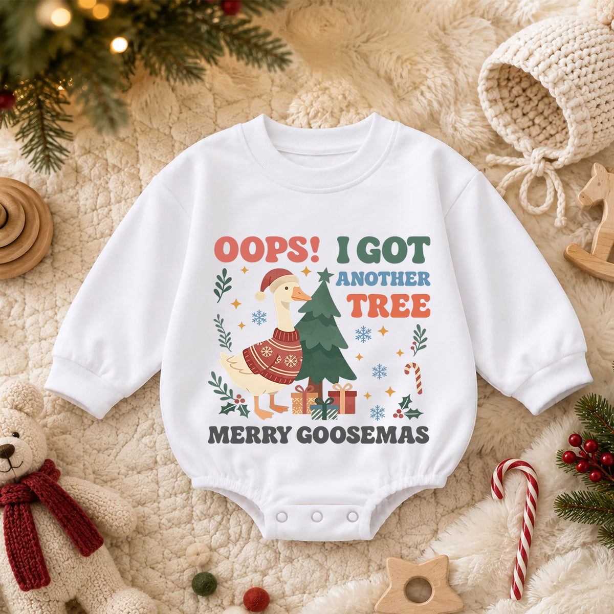 Oops I Got Another Tree Baby Romper, Merry Goosemas Christmas Goose Outfit, Funny Toddler Holiday Romper, 1st Christmas Gift — product view 3