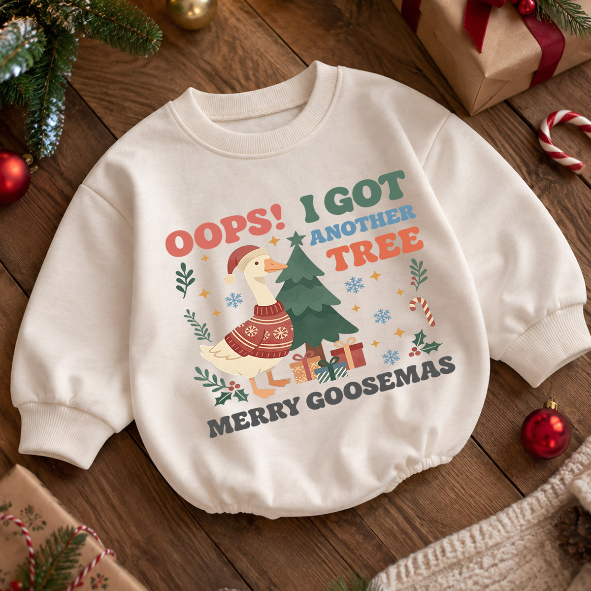 Oops I Got Another Tree Baby Romper, Merry Goosemas Christmas Goose Outfit, Funny Toddler Holiday Romper, 1st Christmas Gift — product view 5