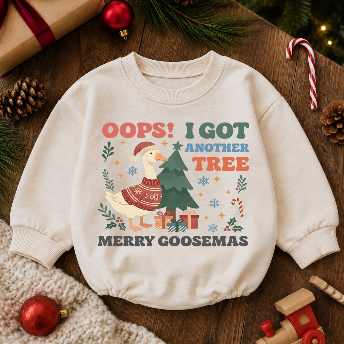 Oops I Got Another Tree Baby Romper, Merry Goosemas Christmas Goose Outfit, Funny Toddler Holiday Romper, 1st Christmas Gift — product view 6