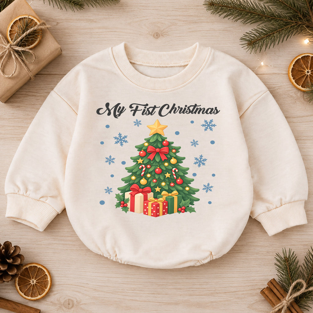 My First Christmas Tree Baby Romper, Christmas Tree and Presents Romper, Baby First Xmas Outfit, Holiday Keepsake Gift — product view 1