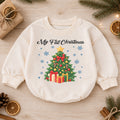 My First Christmas Tree Baby Romper, Christmas Tree and Presents Romper, Baby First Xmas Outfit, Holiday Keepsake Gift — product view 1