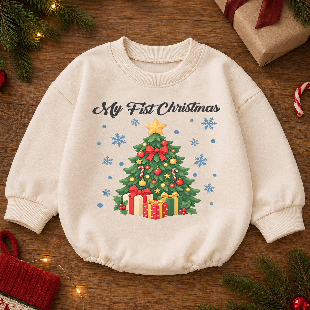 My First Christmas Tree Baby Romper, Christmas Tree and Presents Romper, Baby First Xmas Outfit, Holiday Keepsake Gift — product view 2