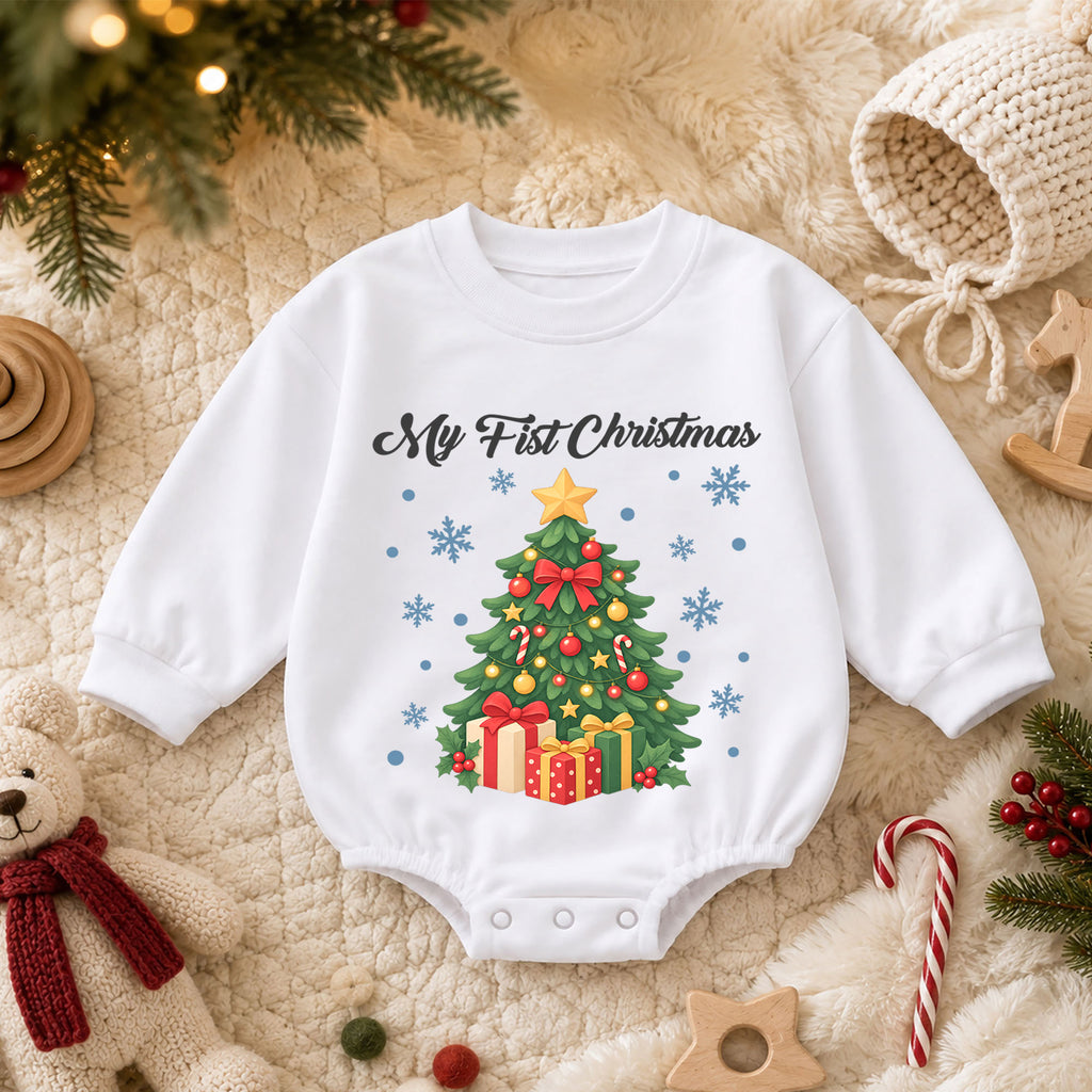 My First Christmas Tree Baby Romper, Christmas Tree and Presents Romper, Baby First Xmas Outfit, Holiday Keepsake Gift — product view 3
