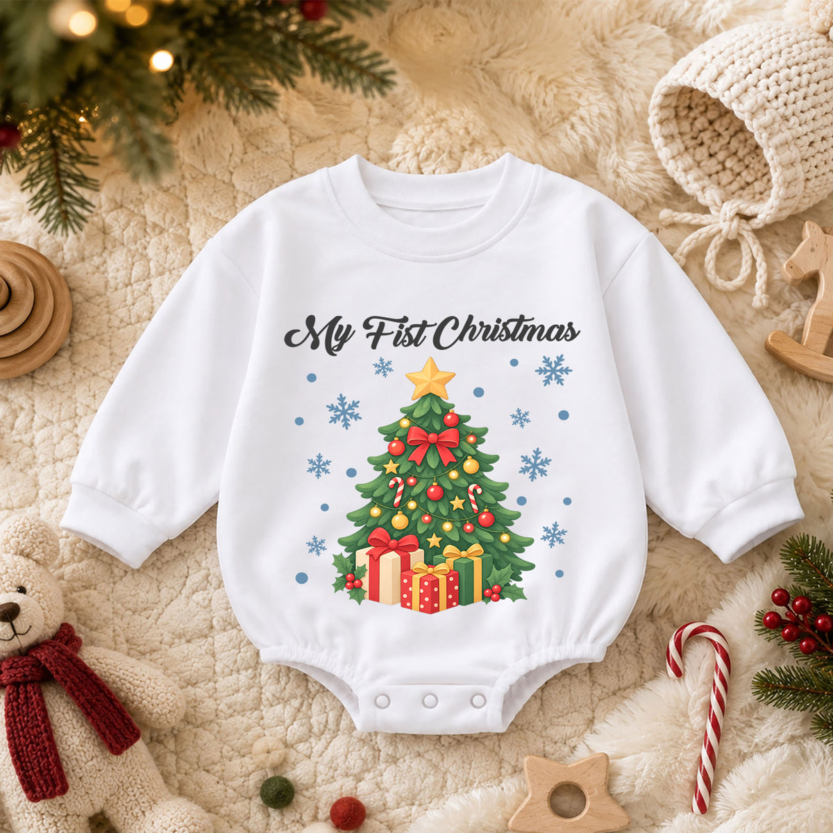 My First Christmas Tree Baby Romper, Christmas Tree and Presents Romper, Baby First Xmas Outfit, Holiday Keepsake Gift — product view 3