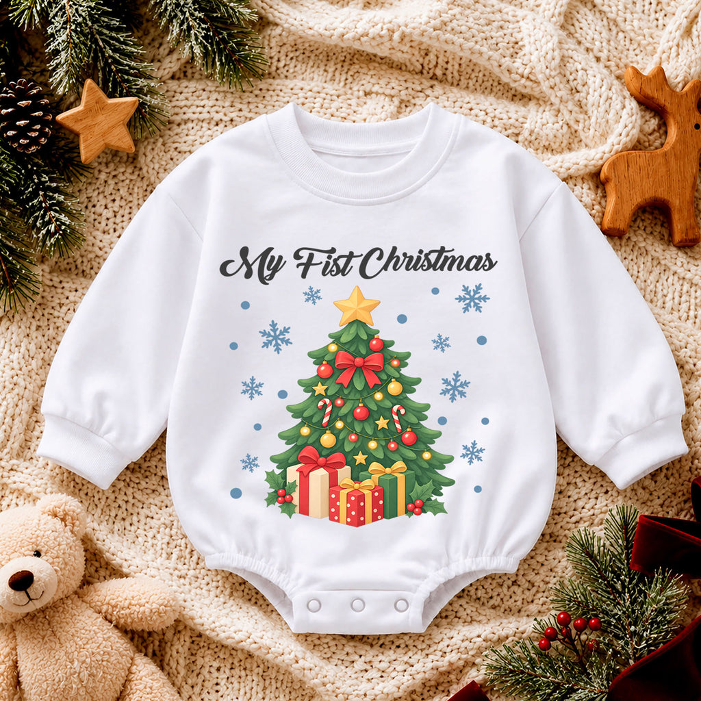 My First Christmas Tree Baby Romper, Christmas Tree and Presents Romper, Baby First Xmas Outfit, Holiday Keepsake Gift — product view 4