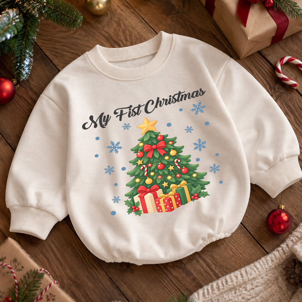 My First Christmas Tree Baby Romper, Christmas Tree and Presents Romper, Baby First Xmas Outfit, Holiday Keepsake Gift — product view 5