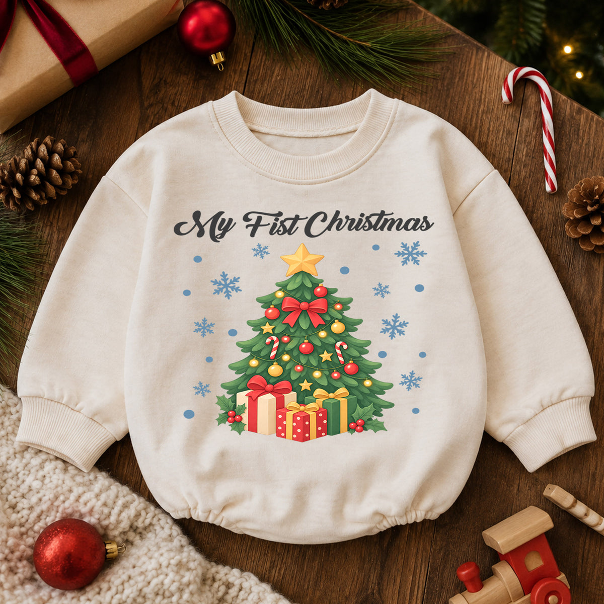 My First Christmas Tree Baby Romper, Christmas Tree and Presents Romper, Baby First Xmas Outfit, Holiday Keepsake Gift — product view 6