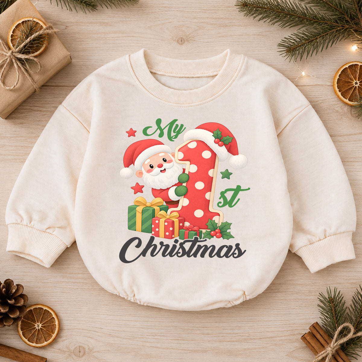 My 1st Christmas Santa Baby Romper, Number One Christmas Romper, Baby First Xmas Outfit, Toddler Holiday Keepsake Gift — product view 1