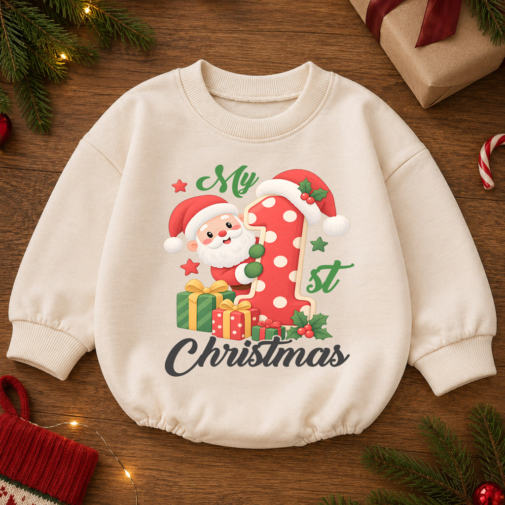 My 1st Christmas Santa Baby Romper, Number One Christmas Romper, Baby First Xmas Outfit, Toddler Holiday Keepsake Gift — product view 2