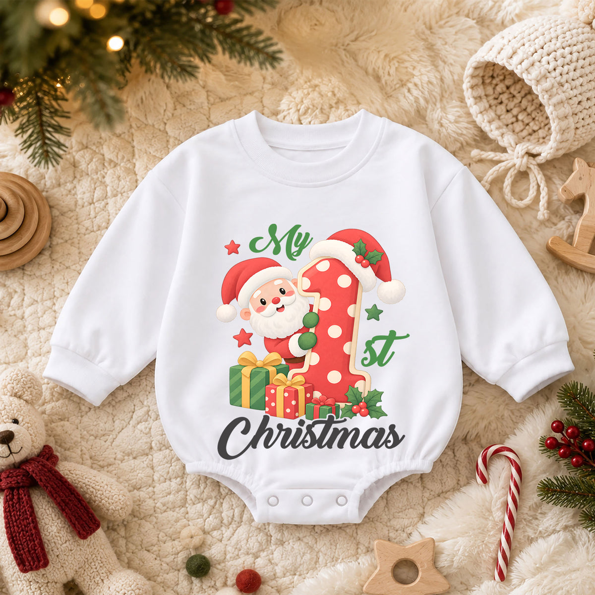 My 1st Christmas Santa Baby Romper, Number One Christmas Romper, Baby First Xmas Outfit, Toddler Holiday Keepsake Gift — product view 3