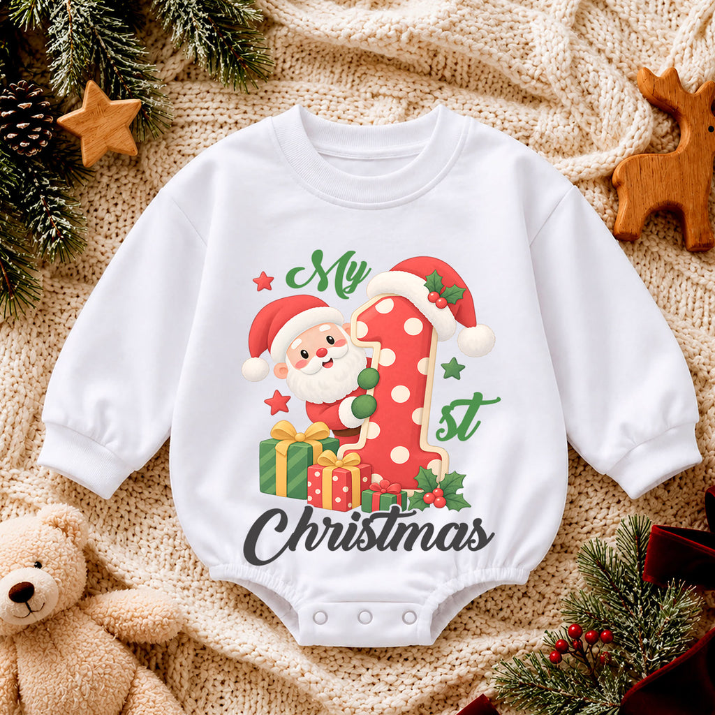 My 1st Christmas Santa Baby Romper, Number One Christmas Romper, Baby First Xmas Outfit, Toddler Holiday Keepsake Gift — product view 4