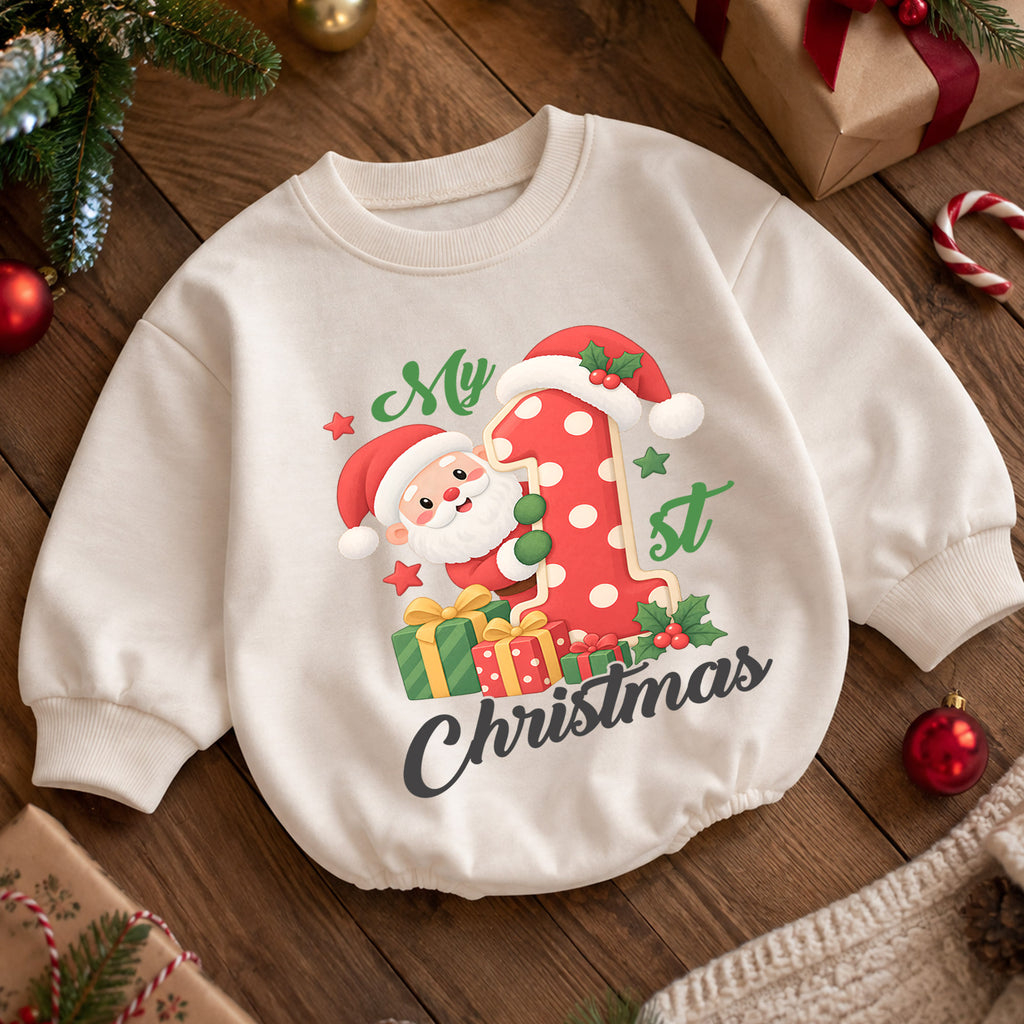 My 1st Christmas Santa Baby Romper, Number One Christmas Romper, Baby First Xmas Outfit, Toddler Holiday Keepsake Gift — product view 5