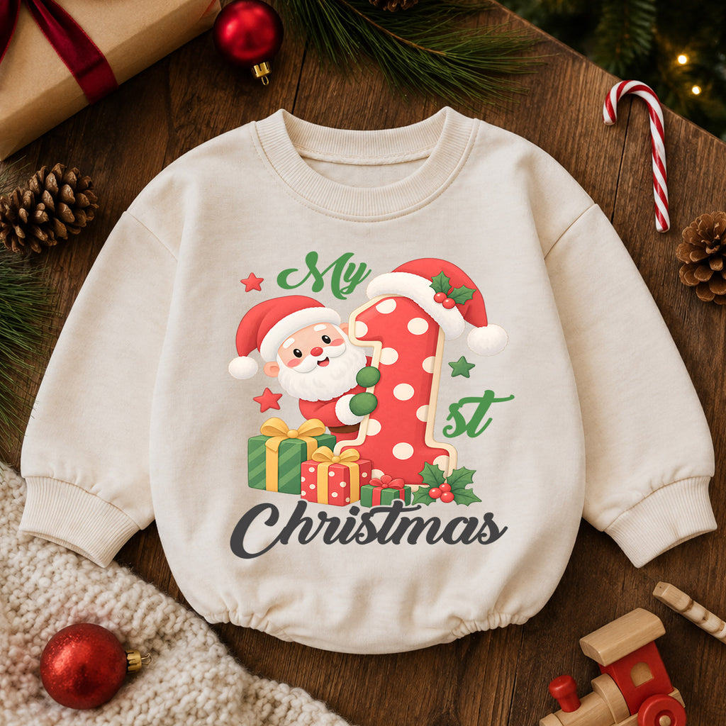My 1st Christmas Santa Baby Romper, Number One Christmas Romper, Baby First Xmas Outfit, Toddler Holiday Keepsake Gift — product view 6
