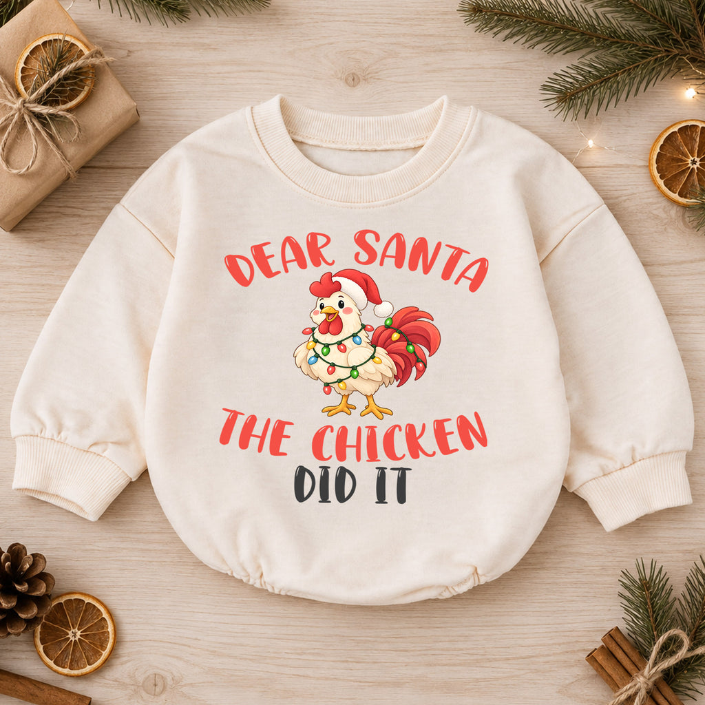 Dear Santa The Chicken Did It Baby Romper, Funny Chicken Christmas Romper, Farm Holiday Outfit, Toddler Xmas Gift — product view 1