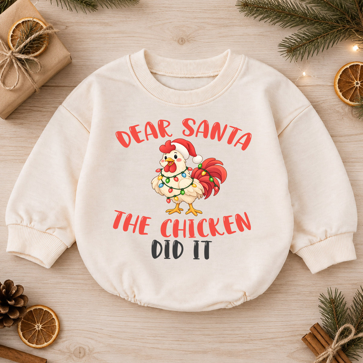 Dear Santa The Chicken Did It Baby Romper, Funny Chicken Christmas Romper, Farm Holiday Outfit, Toddler Xmas Gift — product view 1