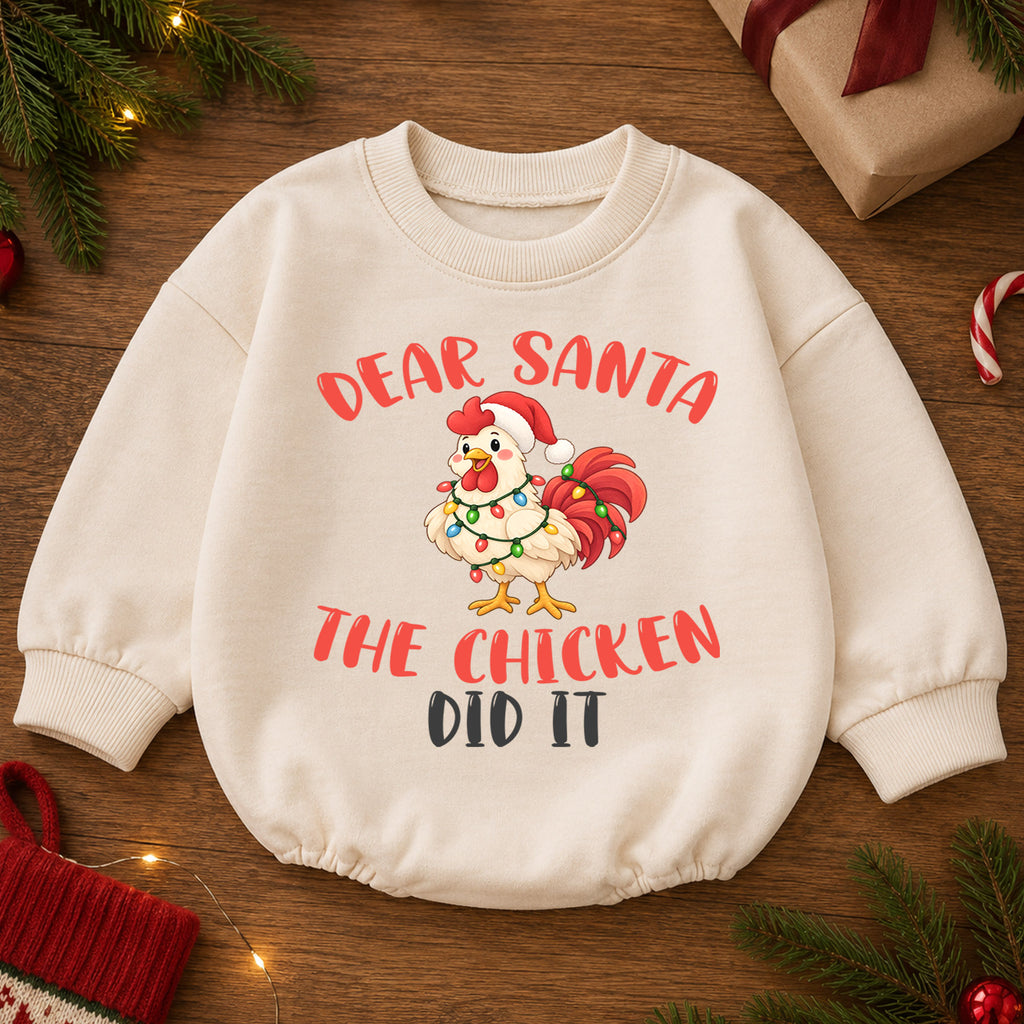 Dear Santa The Chicken Did It Baby Romper, Funny Chicken Christmas Romper, Farm Holiday Outfit, Toddler Xmas Gift — product view 2