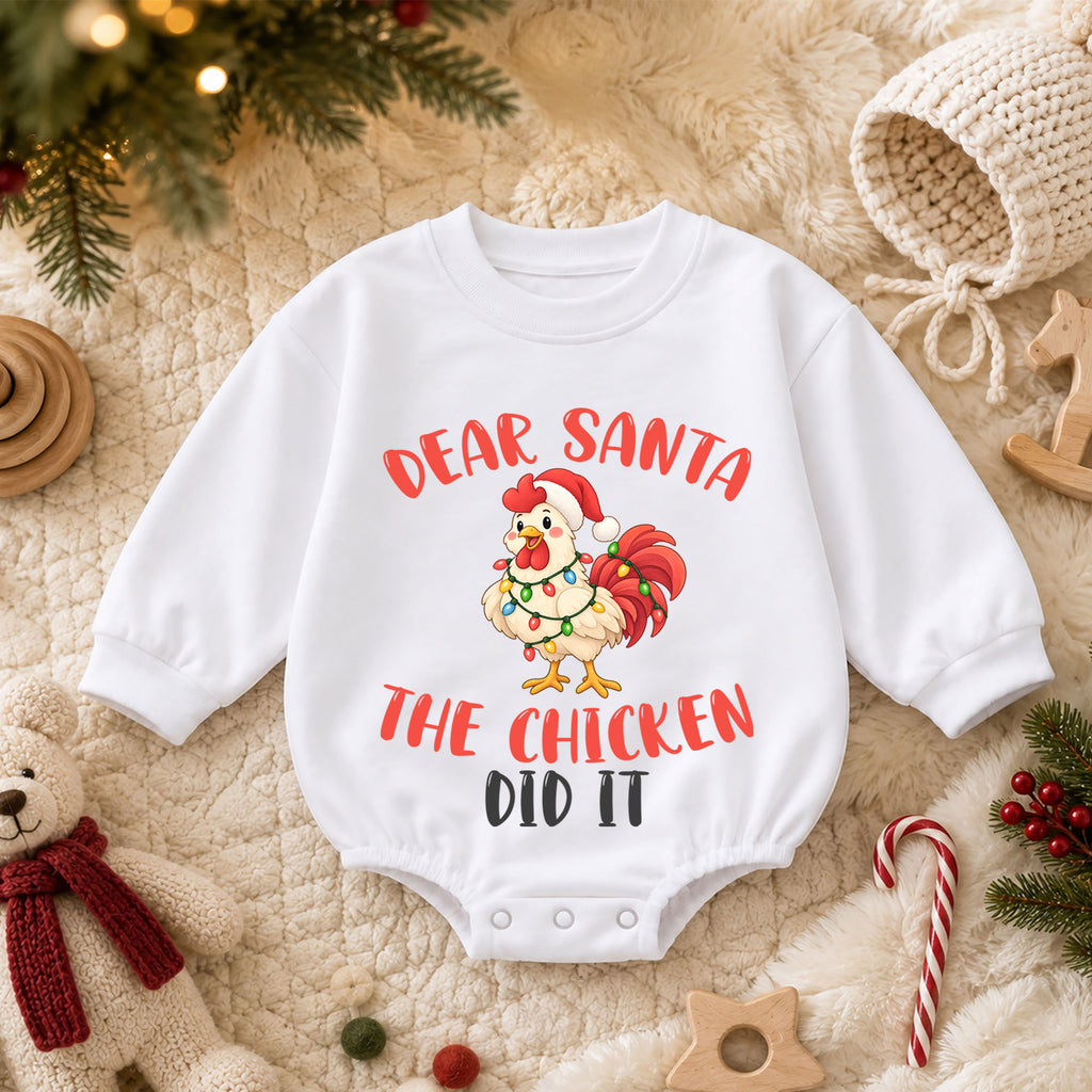 Dear Santa The Chicken Did It Baby Romper, Funny Chicken Christmas Romper, Farm Holiday Outfit, Toddler Xmas Gift — product view 3