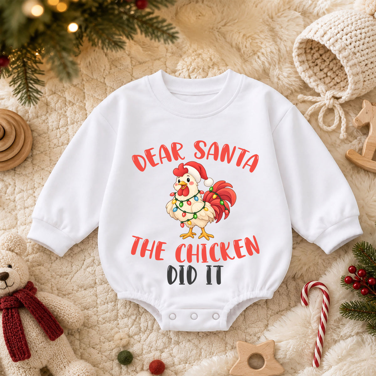 Dear Santa The Chicken Did It Baby Romper, Funny Chicken Christmas Romper, Farm Holiday Outfit, Toddler Xmas Gift — product view 3