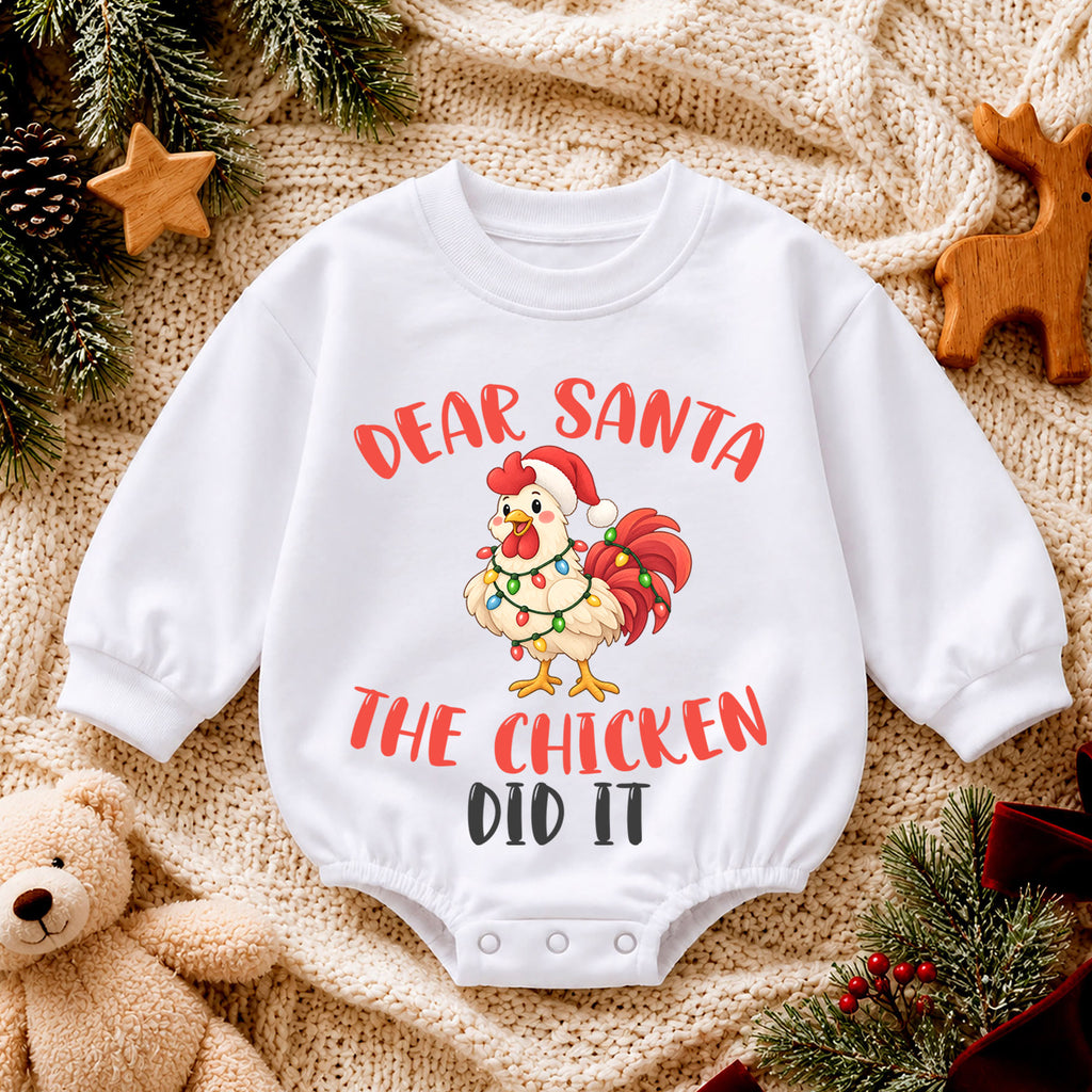 Dear Santa The Chicken Did It Baby Romper, Funny Chicken Christmas Romper, Farm Holiday Outfit, Toddler Xmas Gift — product view 4