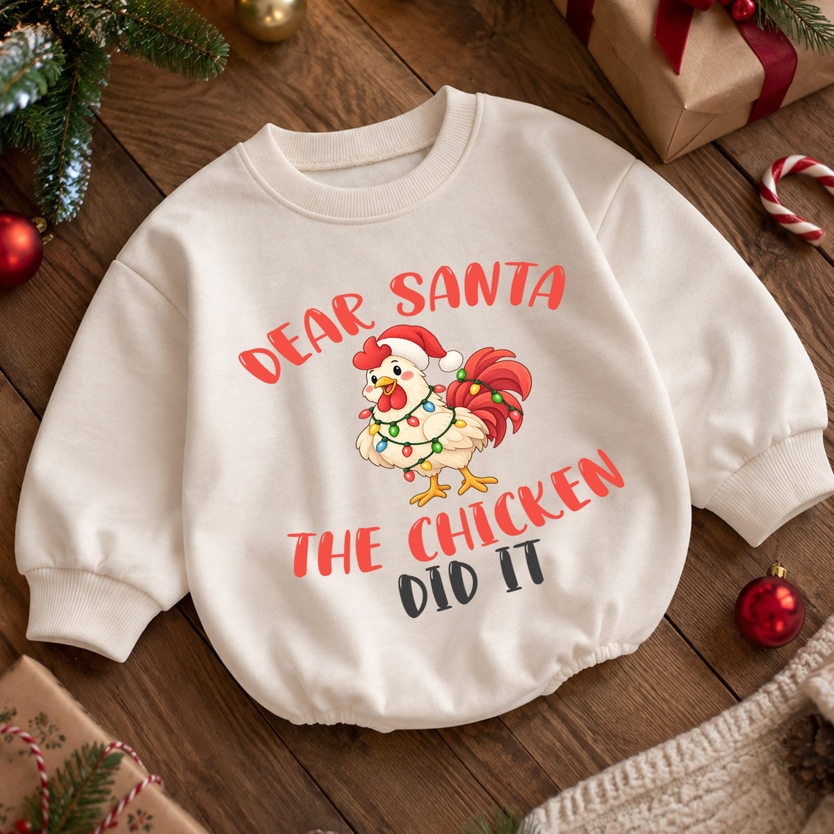 Dear Santa The Chicken Did It Baby Romper, Funny Chicken Christmas Romper, Farm Holiday Outfit, Toddler Xmas Gift — product view 5