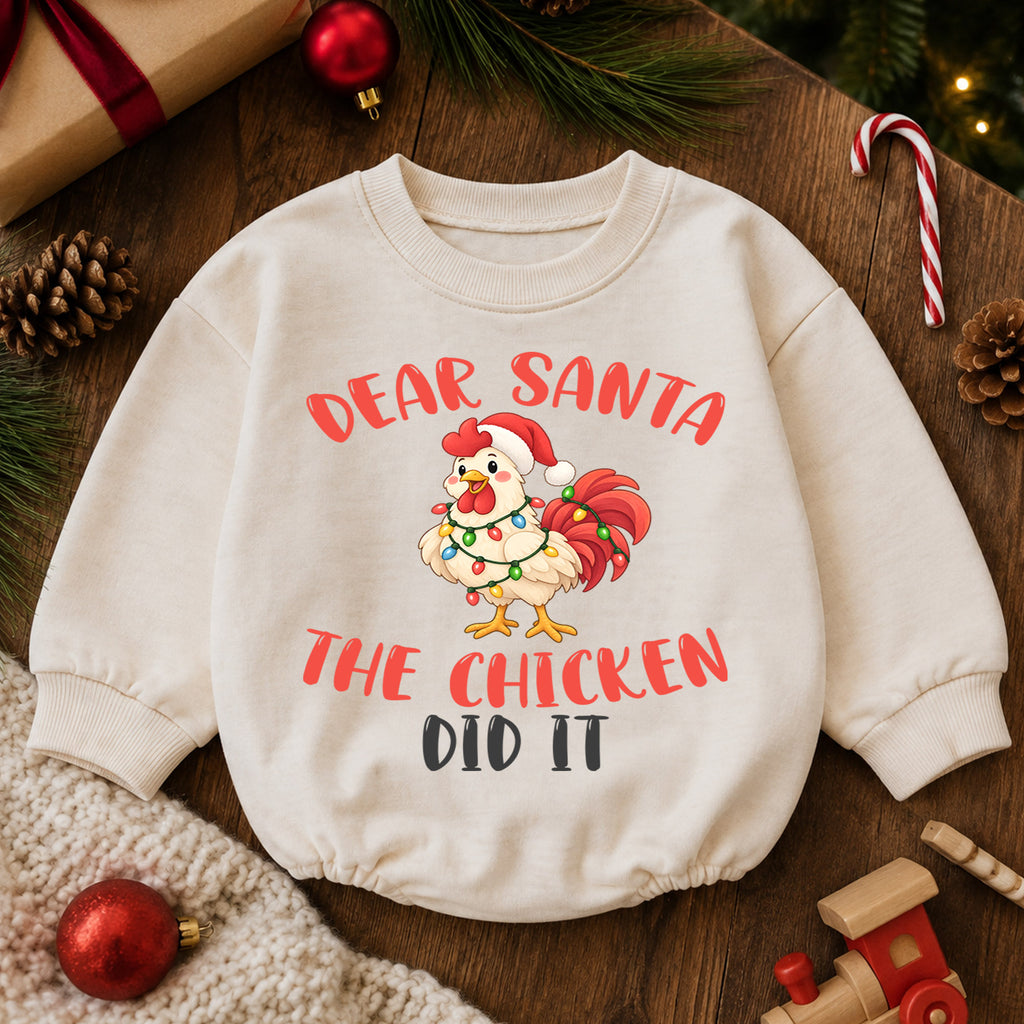 Dear Santa The Chicken Did It Baby Romper, Funny Chicken Christmas Romper, Farm Holiday Outfit, Toddler Xmas Gift — product view 6