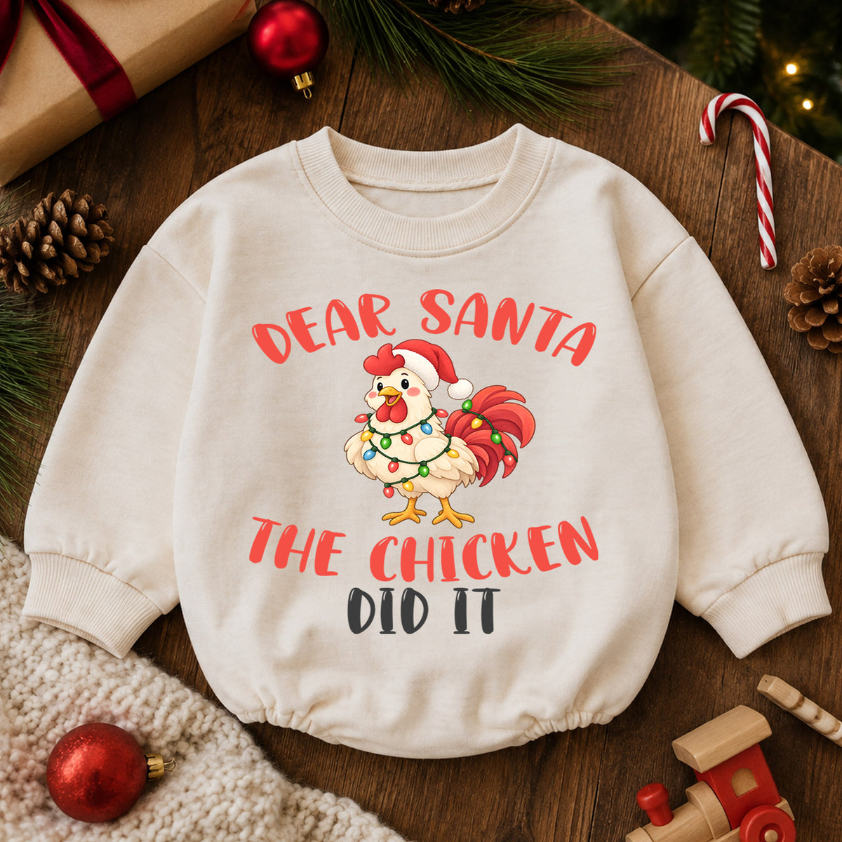 Dear Santa The Chicken Did It Baby Romper, Funny Chicken Christmas Romper, Farm Holiday Outfit, Toddler Xmas Gift — product view 6