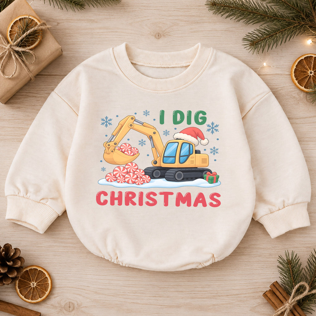 I Dig Christmas Baby Romper, Excavator Peppermint Christmas Outfit, Construction Toddler Holiday Romper, 1st Christmas Gift — product view 1