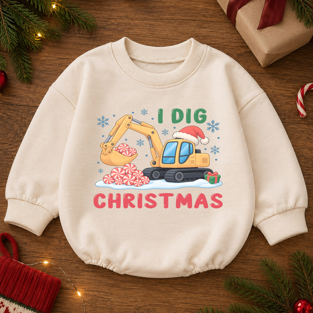 I Dig Christmas Baby Romper, Excavator Peppermint Christmas Outfit, Construction Toddler Holiday Romper, 1st Christmas Gift — product view 2