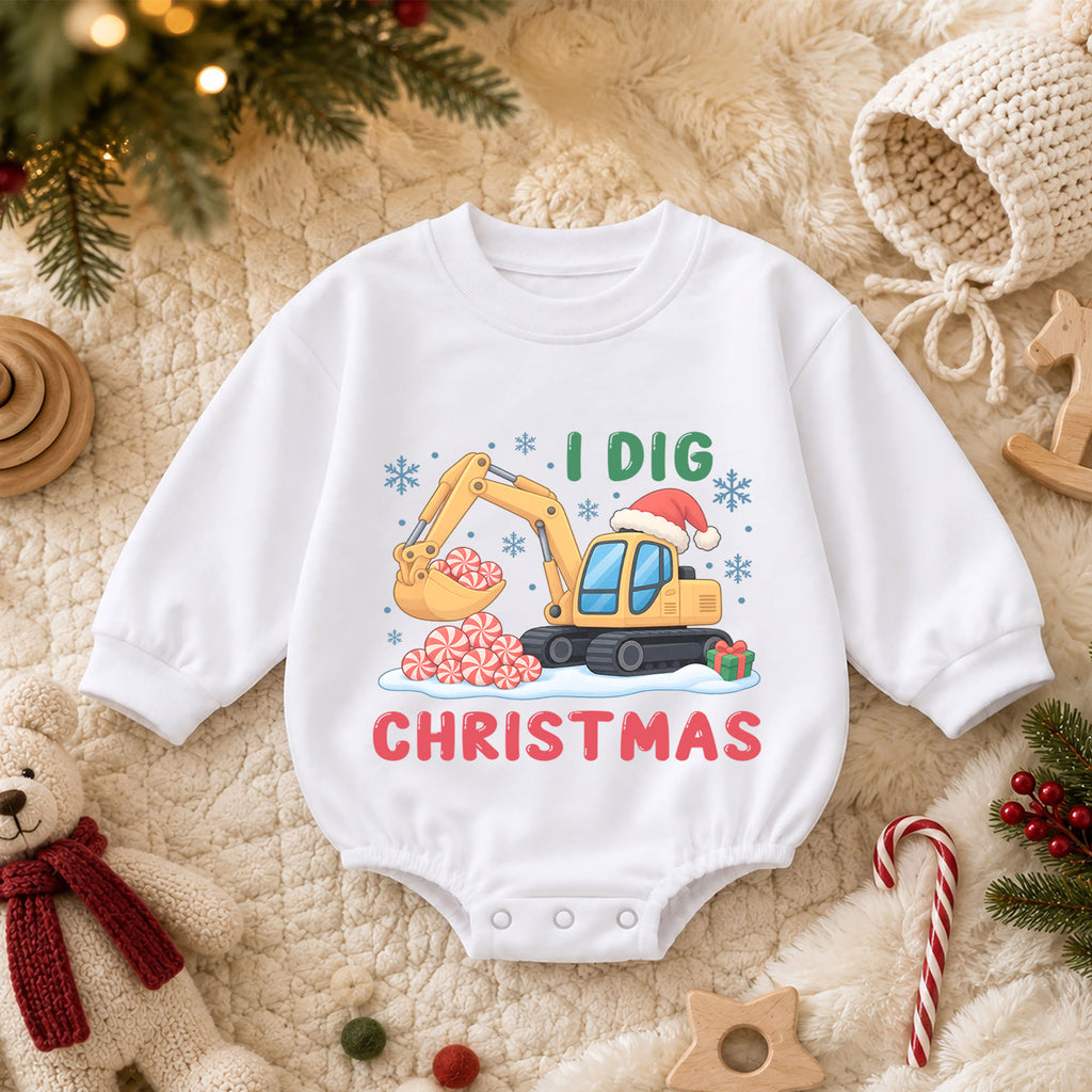I Dig Christmas Baby Romper, Excavator Peppermint Christmas Outfit, Construction Toddler Holiday Romper, 1st Christmas Gift — product view 3