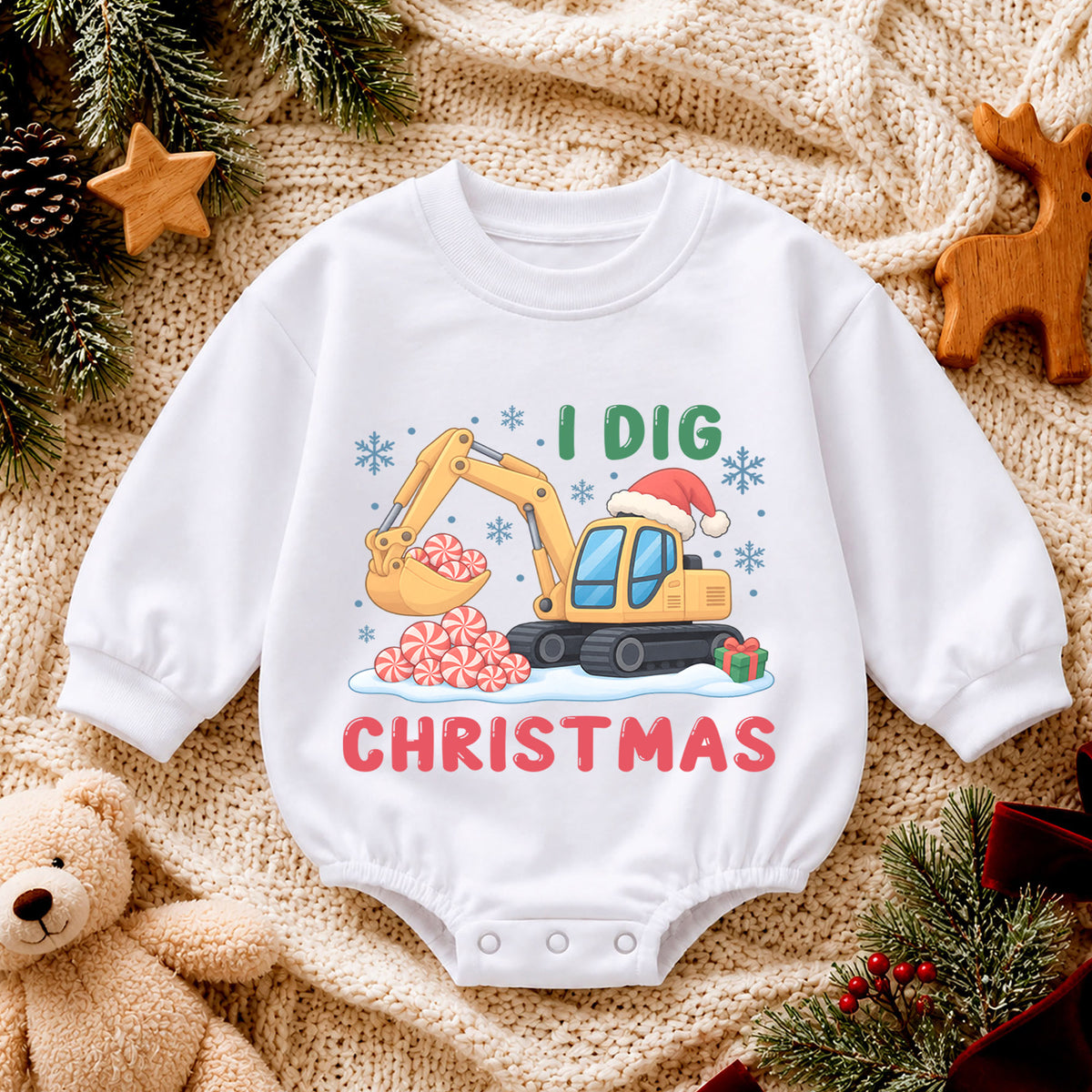 I Dig Christmas Baby Romper, Excavator Peppermint Christmas Outfit, Construction Toddler Holiday Romper, 1st Christmas Gift — product view 4