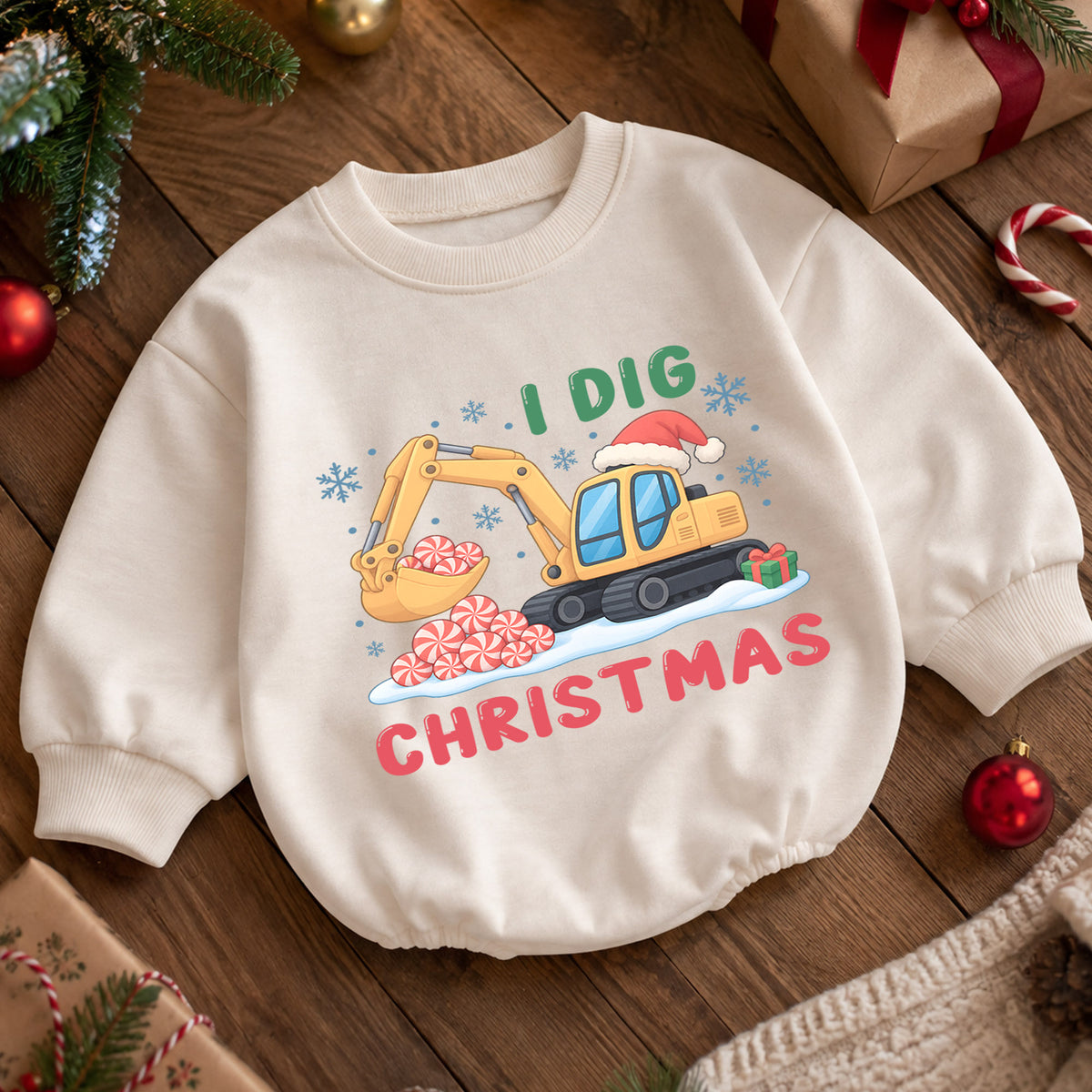 I Dig Christmas Baby Romper, Excavator Peppermint Christmas Outfit, Construction Toddler Holiday Romper, 1st Christmas Gift — product view 5