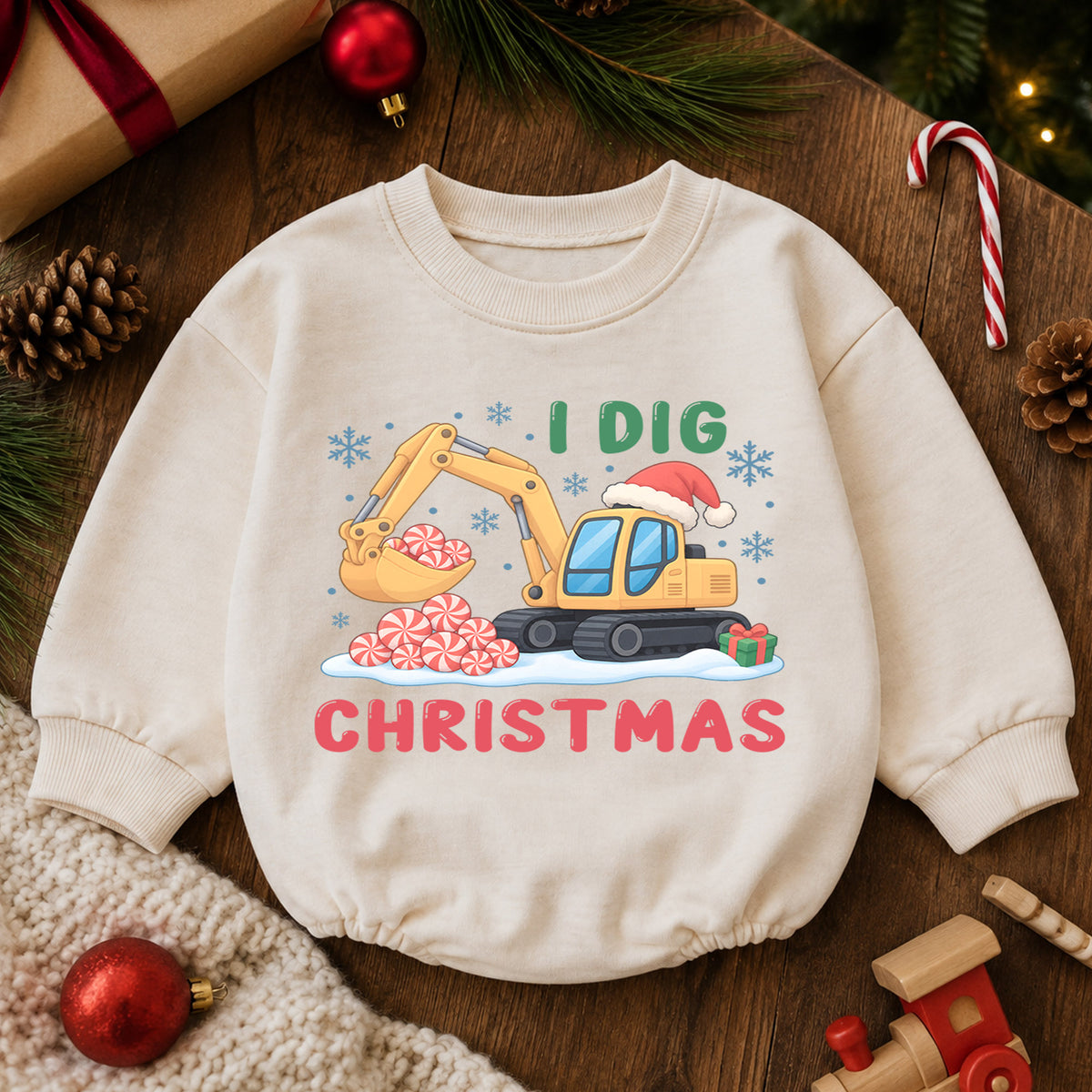 I Dig Christmas Baby Romper, Excavator Peppermint Christmas Outfit, Construction Toddler Holiday Romper, 1st Christmas Gift — product view 6