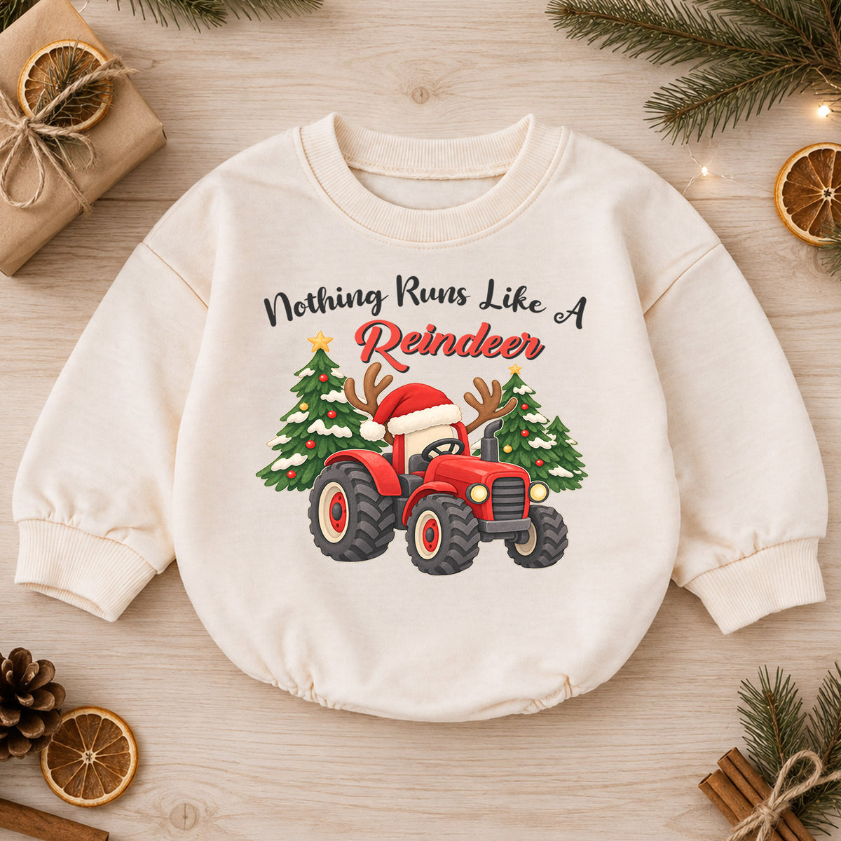 Christmas Tractor Baby Outfit, Nothing Runs Like a Reindeer Romper, Toddler Farm Christmas Romper, Baby Xmas Gift, Holiday Outfit — product view 1