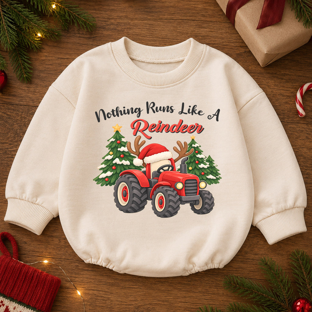 Christmas Tractor Baby Outfit, Nothing Runs Like a Reindeer Romper, Toddler Farm Christmas Romper, Baby Xmas Gift, Holiday Outfit — product view 2